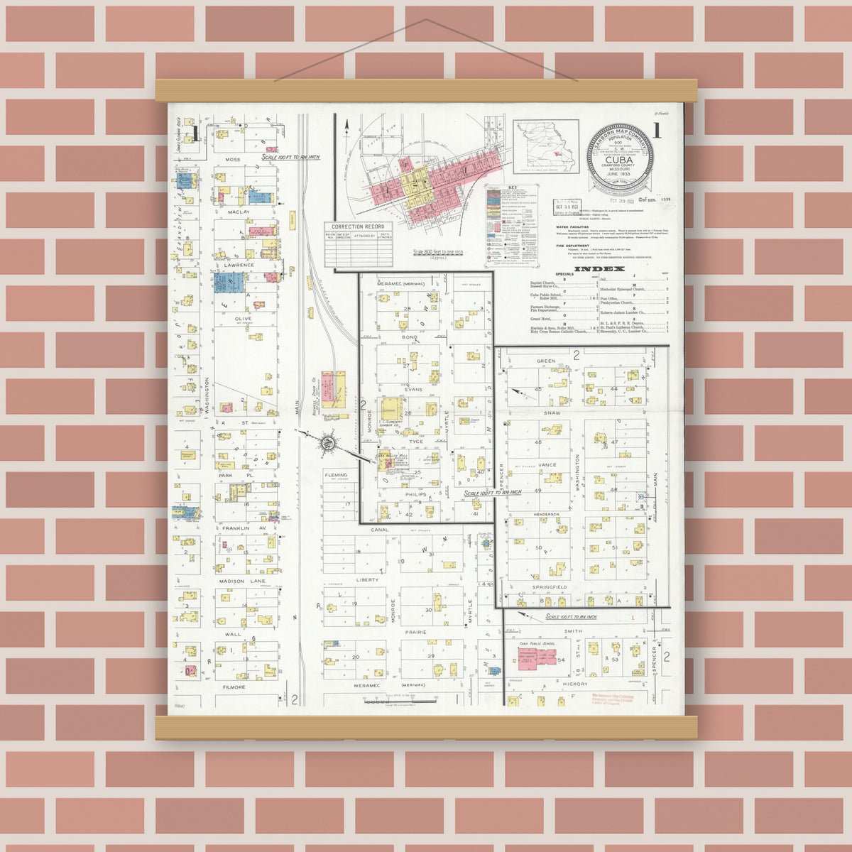 Old map wall art mockup — magnetic wood frame on brick wall — Sanborn Fire Insurance Map from Cuba, Crawford County, Missouri (1933) - Complete Map Set