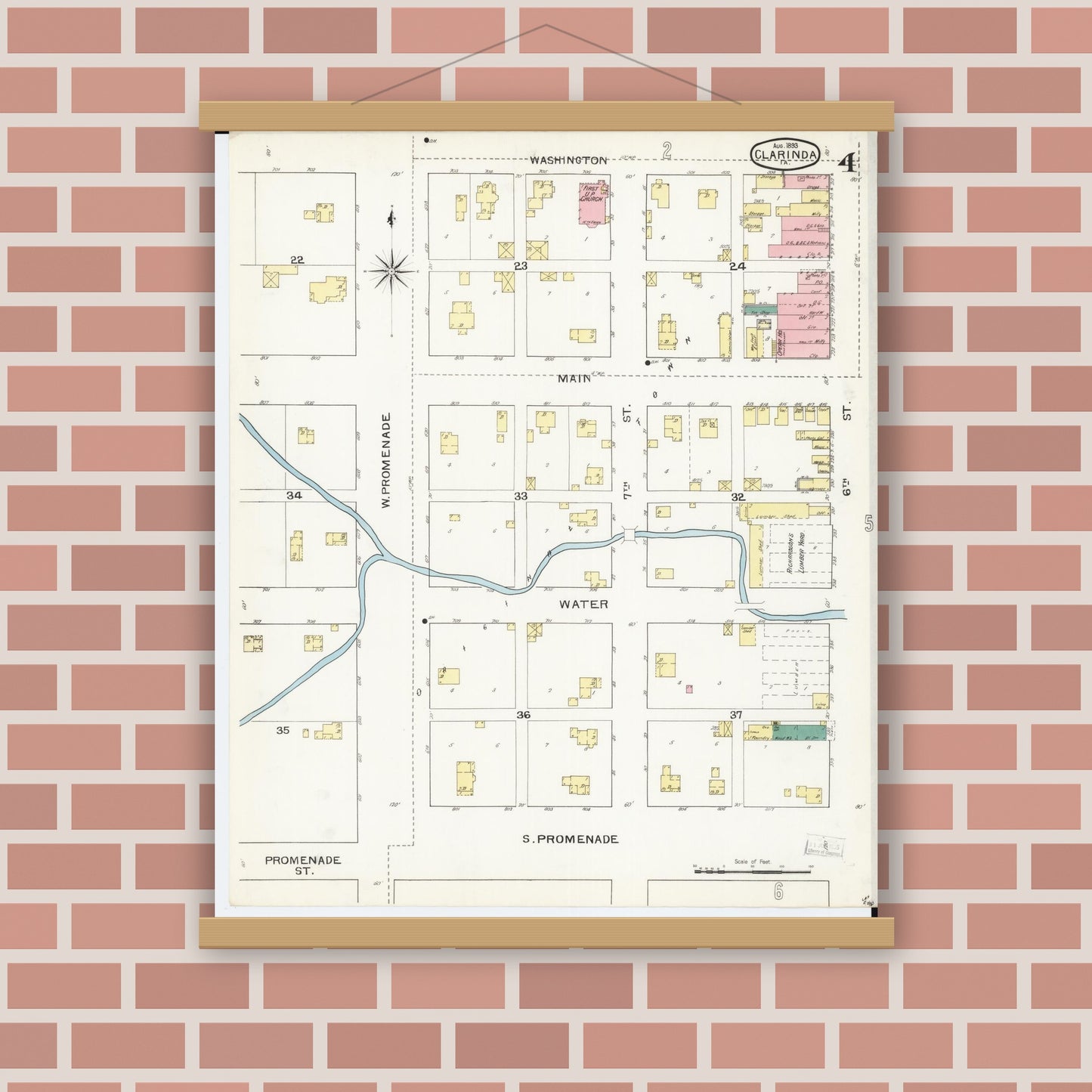 Old map wall art mockup — magnetic wood frame on brick wall — Sanborn Fire Insurance Map from Clarinda, Page County, Iowa (1893), Sheet #0004