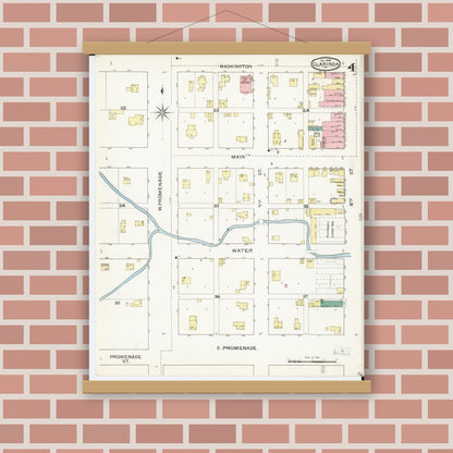 Old map wall art mockup — magnetic wood frame on brick wall — Sanborn Fire Insurance Map from Clarinda, Page County, Iowa (1893), Sheet #0004