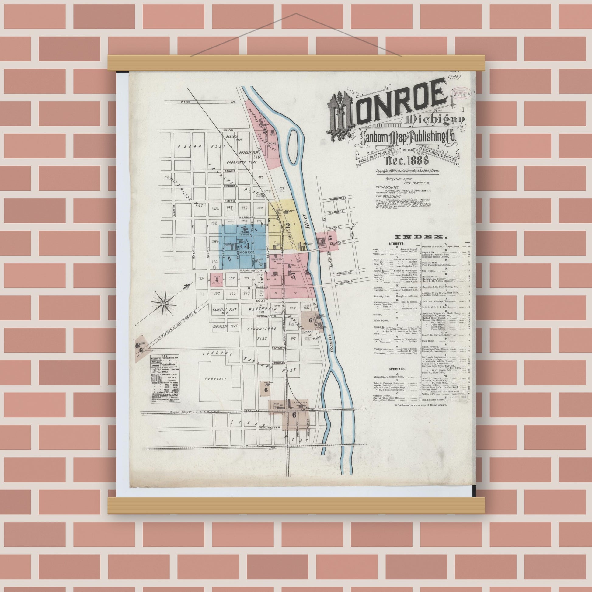 Old map wall art mockup — magnetic wood frame on brick wall — Sanborn Fire Insurance Map from Monroe, Monroe County, Michigan (1888), Sheet #0001