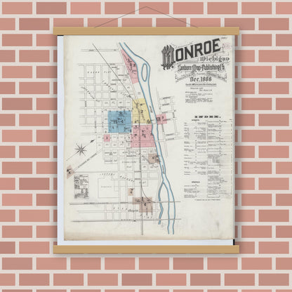 Old map wall art mockup — magnetic wood frame on brick wall — Sanborn Fire Insurance Map from Monroe, Monroe County, Michigan (1888), Sheet #0001