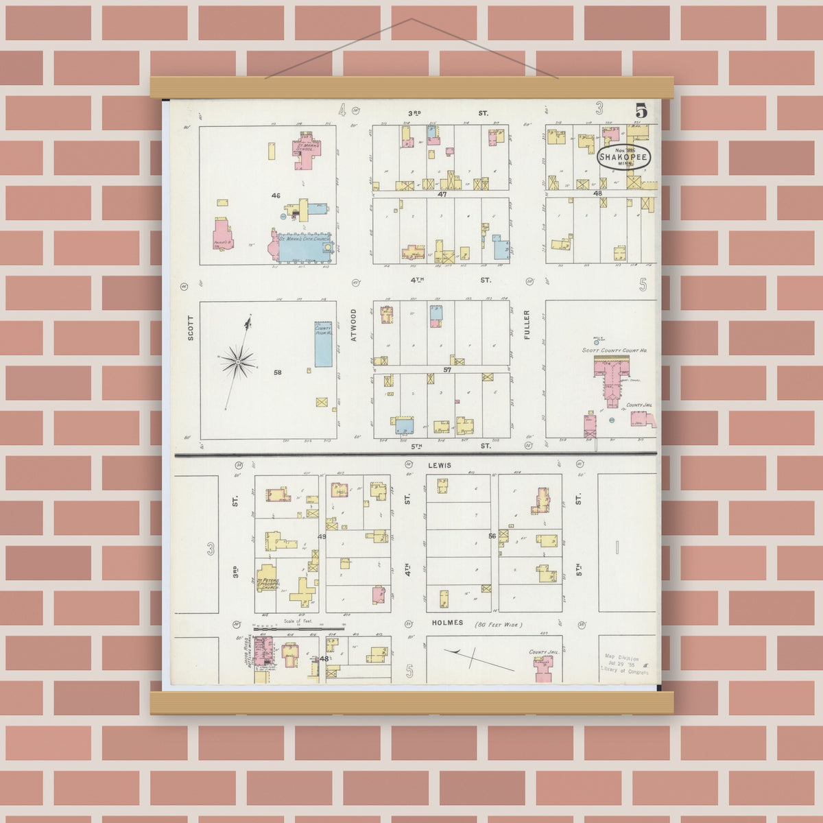 Old map wall art mockup — magnetic wood frame on brick wall — Sanborn Fire Insurance Map from Shakopee, Scott County, Minnesota (1895), Sheet #0005