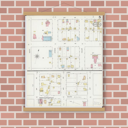 Old map wall art mockup — magnetic wood frame on brick wall — Sanborn Fire Insurance Map from Shakopee, Scott County, Minnesota (1895), Sheet #0005