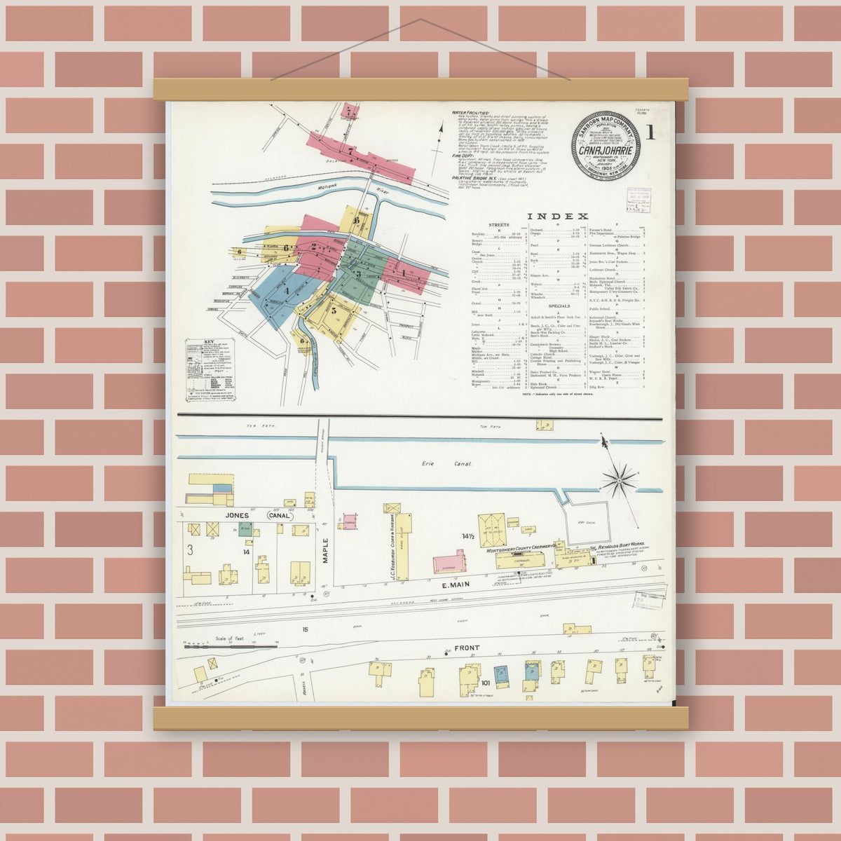 Old map wall art mockup — magnetic wood frame on brick wall — Sanborn Fire Insurance Map from Canajoharie, Montgomery County, New York (1908) - Complete Map Set