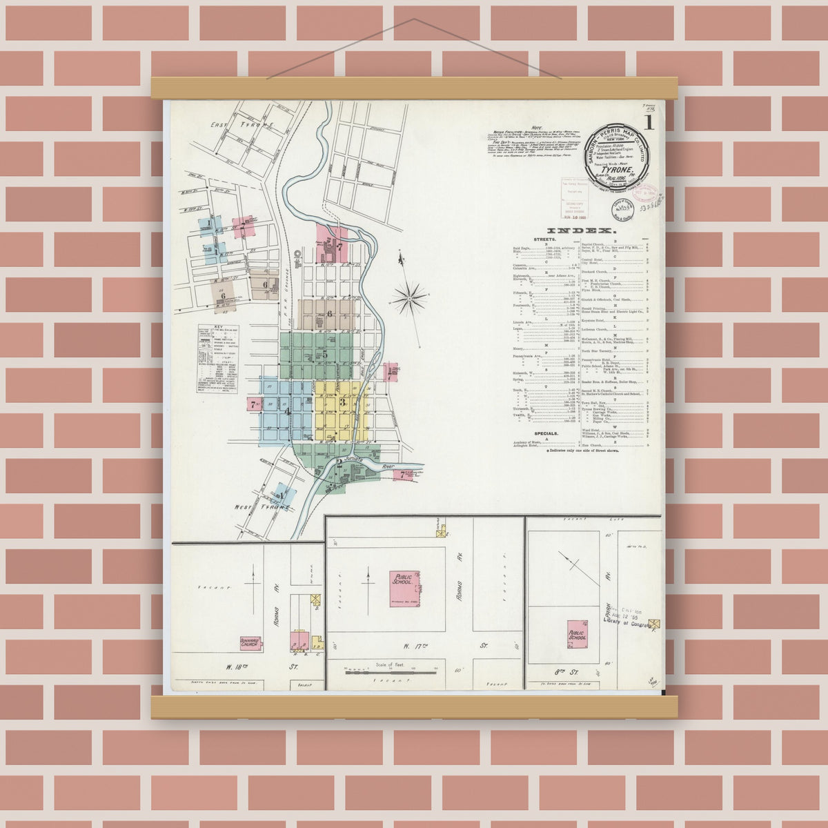 Old map wall art mockup — magnetic wood frame on brick wall — Sanborn Fire Insurance Map from Tyrone, Blair County, Pennsylvania (1896), Sheet #0001