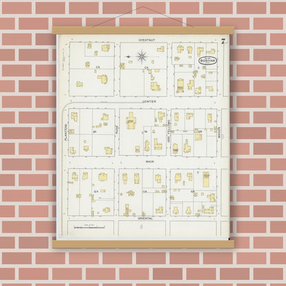 Old map wall art mockup — magnetic wood frame on brick wall — Sanborn Fire Insurance Map from Bonham, Fannin County, Texas (1892), Sheet #0007