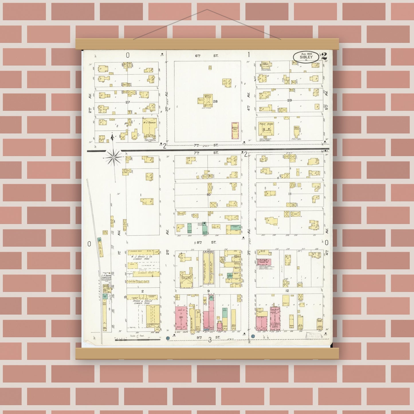 Old map wall art mockup — magnetic wood frame on brick wall — Sanborn Fire Insurance Map from Sibley, Osceola County, Iowa (1900), Sheet #0002