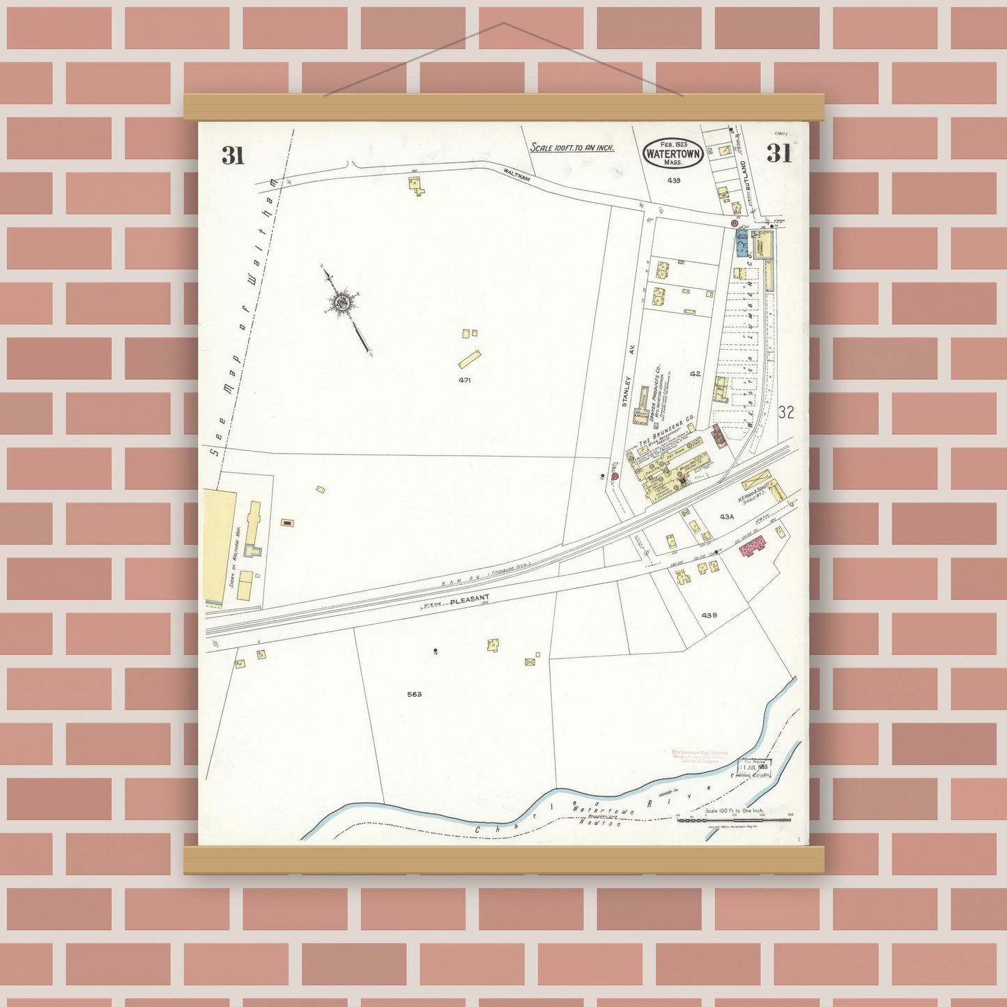Old map wall art mockup — magnetic wood frame on brick wall — Sanborn Fire Insurance Map from Watertown, Middlesex County, Massachusetts (1923), Sheet #0031