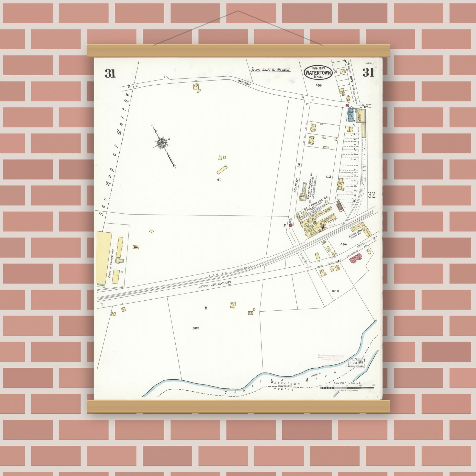 Old map wall art mockup — magnetic wood frame on brick wall — Sanborn Fire Insurance Map from Watertown, Middlesex County, Massachusetts (1923), Sheet #0031