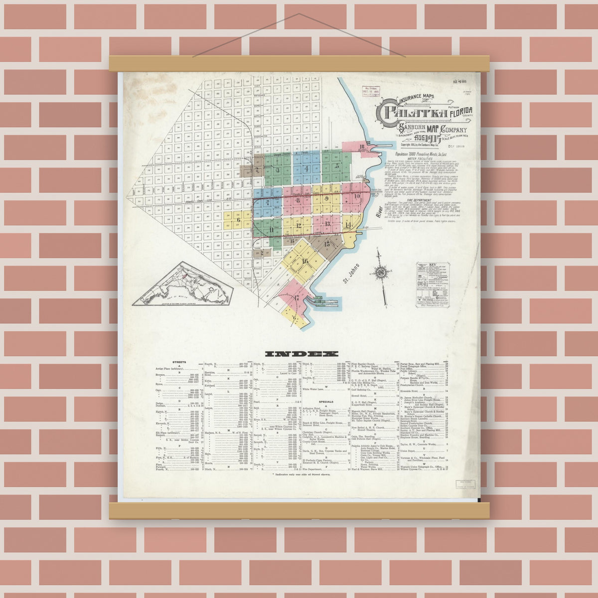 Old map wall art mockup — magnetic wood frame on brick wall — Sanborn Fire Insurance Map from Palatka, Putnam County, Florida (1915), Sheet #0001