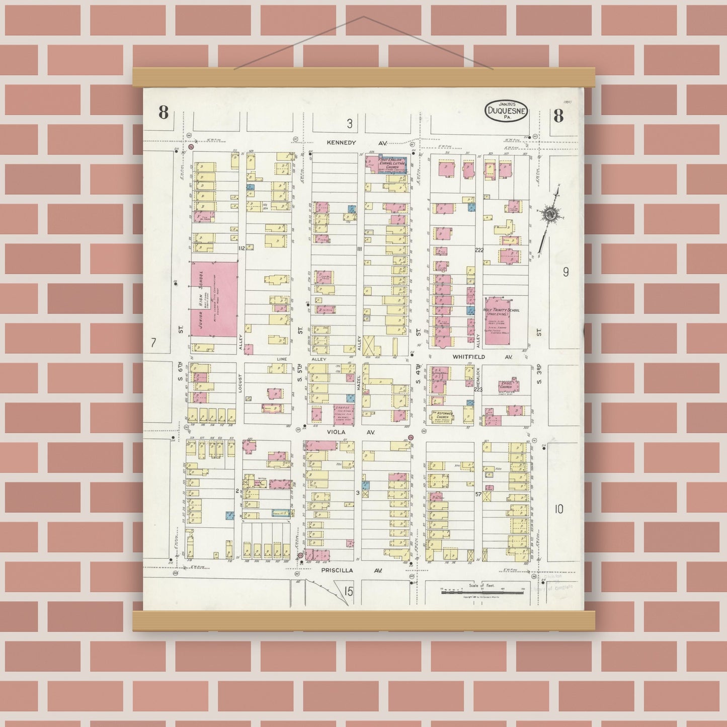 Old map wall art mockup — magnetic wood frame on brick wall — Sanborn Fire Insurance Map from Duquesne, Allegheny County, Pennsylvania (1925), Sheet #0008
