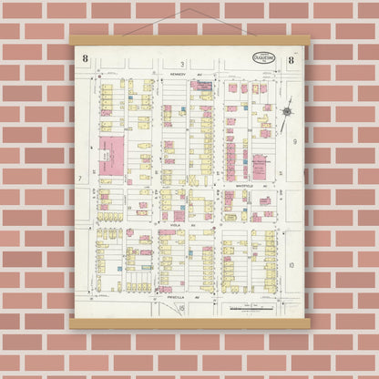 Old map wall art mockup — magnetic wood frame on brick wall — Sanborn Fire Insurance Map from Duquesne, Allegheny County, Pennsylvania (1925), Sheet #0008