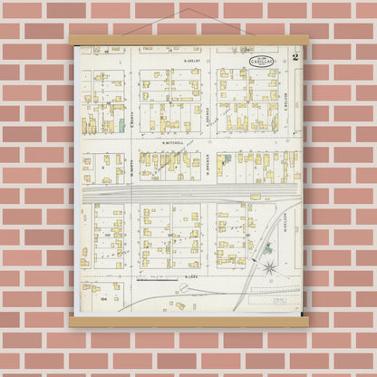 Old map wall art mockup — magnetic wood frame on brick wall — Sanborn Fire Insurance Map from Cadillac, Wexford County, Michigan (1895), Sheet #0002