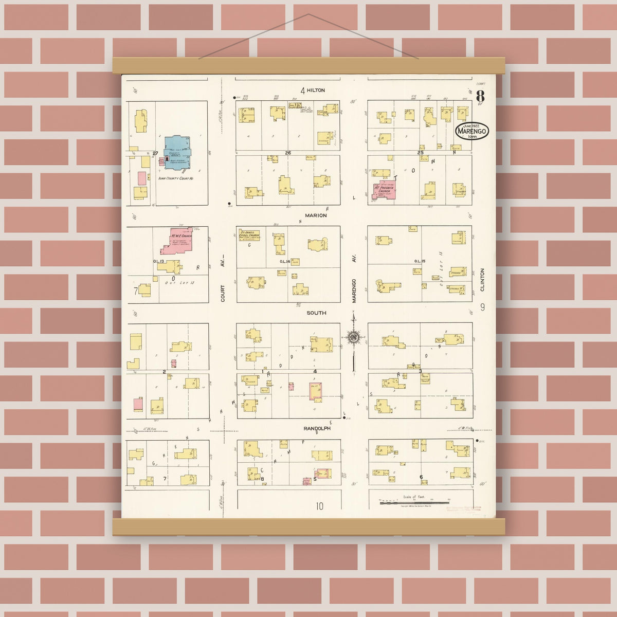 Old map wall art mockup — magnetic wood frame on brick wall — Sanborn Fire Insurance Map from Marengo, Iowa County, Iowa (1922), Sheet #0008