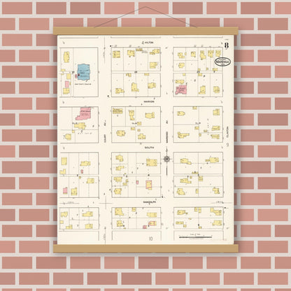 Old map wall art mockup — magnetic wood frame on brick wall — Sanborn Fire Insurance Map from Marengo, Iowa County, Iowa (1922), Sheet #0008