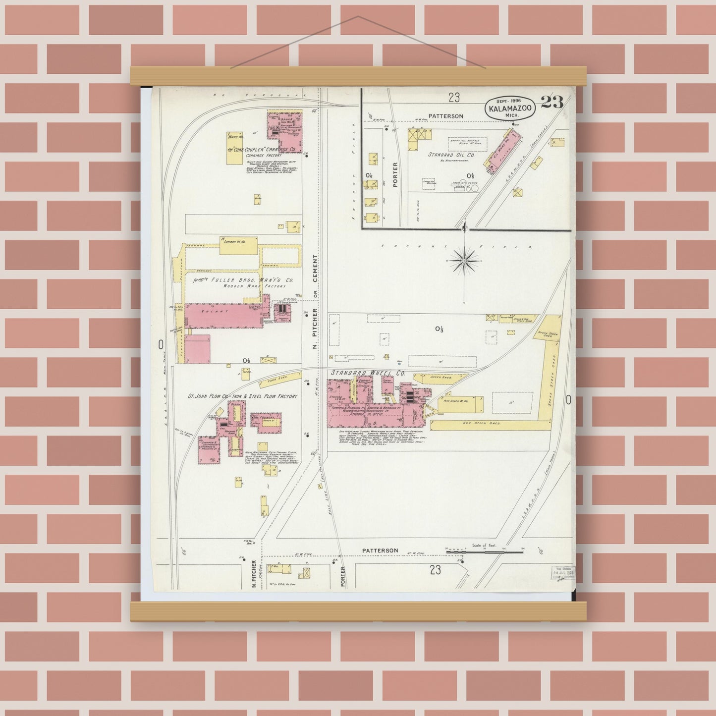 Old map wall art mockup — magnetic wood frame on brick wall — Sanborn Fire Insurance Map from Kalamazoo, Kalamazoo County, Michigan (1896), Sheet #0023