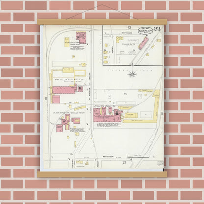 Old map wall art mockup — magnetic wood frame on brick wall — Sanborn Fire Insurance Map from Kalamazoo, Kalamazoo County, Michigan (1896), Sheet #0023