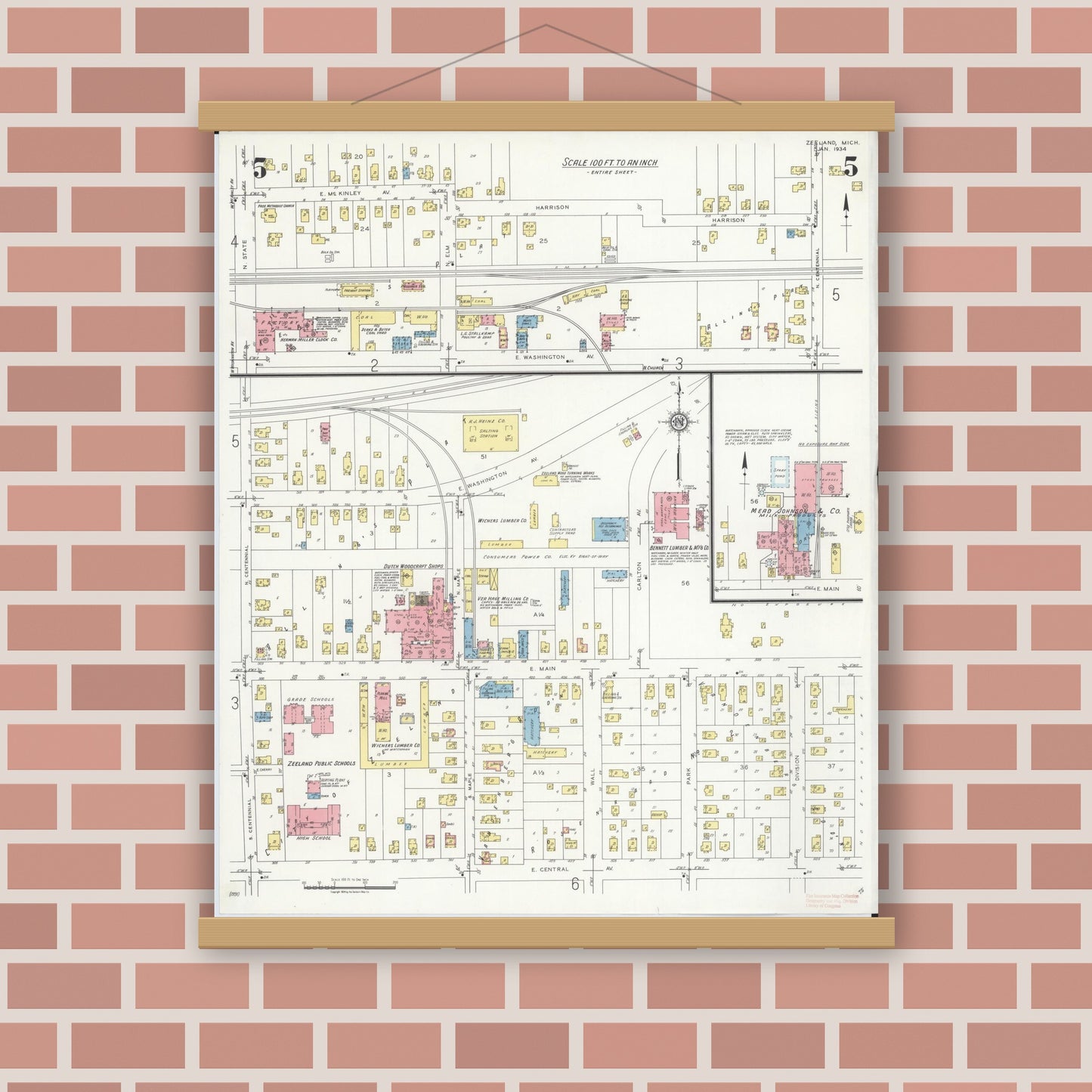 Old map wall art mockup — magnetic wood frame on brick wall — Sanborn Fire Insurance Map from Zeeland, Ottawa County, Michigan (1934), Sheet #0005