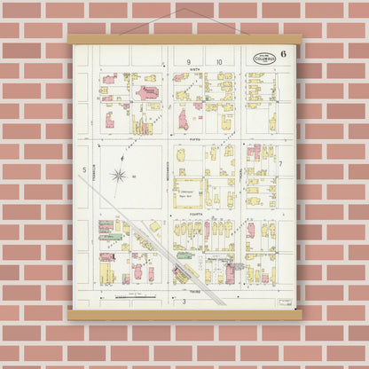 Old map wall art mockup — magnetic wood frame on brick wall — Sanborn Fire Insurance Map from Columbus, Bartholomew County, Indiana (1898), Sheet #0006