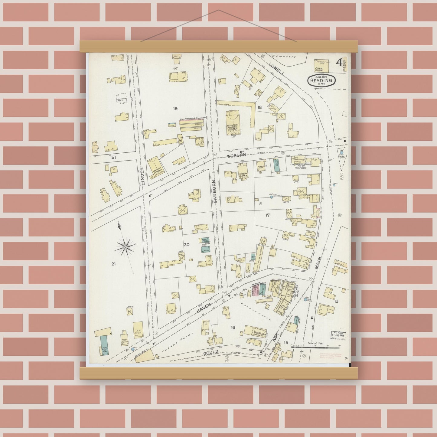 Old map wall art mockup — magnetic wood frame on brick wall — Sanborn Fire Insurance Map from Reading, Middlesex County, Massachusetts (1892), Sheet #0004