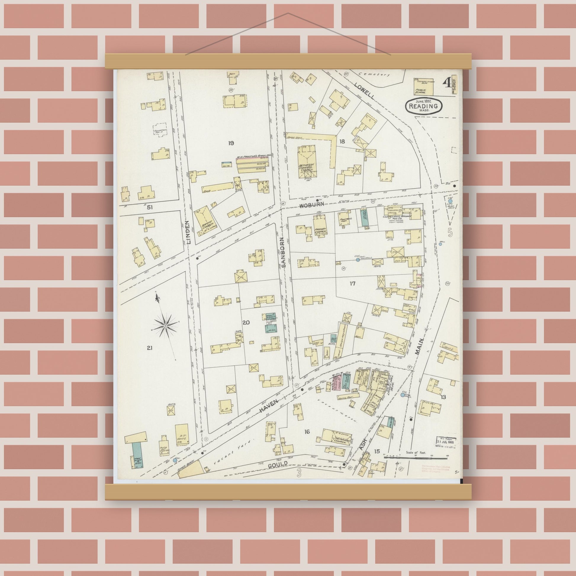 Old map wall art mockup — magnetic wood frame on brick wall — Sanborn Fire Insurance Map from Reading, Middlesex County, Massachusetts (1892), Sheet #0004