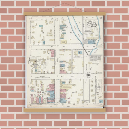 Old map wall art mockup — magnetic wood frame on brick wall — Sanborn Fire Insurance Map from Faribault, Rice County, Minnesota (1884), Sheet #0002