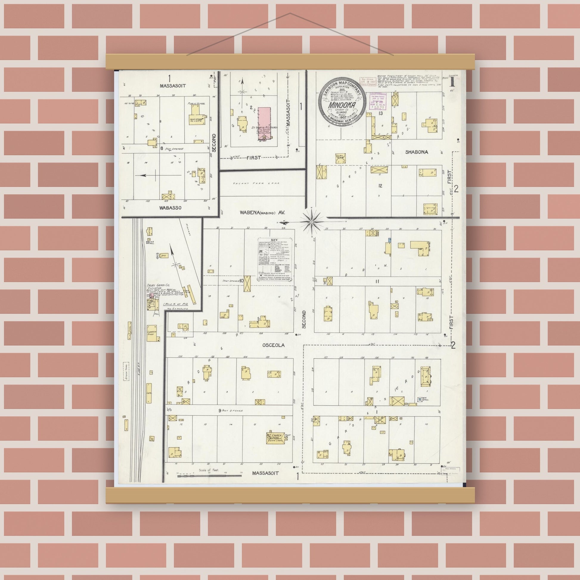 Old map wall art mockup — magnetic wood frame on brick wall — Sanborn Fire Insurance Map from Minooka, Grundy County, Illinois (1907) - Complete Map Set