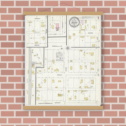 Old map wall art mockup — magnetic wood frame on brick wall — Sanborn Fire Insurance Map from Minooka, Grundy County, Illinois (1907) - Complete Map Set