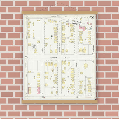 Old map wall art mockup — magnetic wood frame on brick wall — Sanborn Fire Insurance Map from New Brunswick, Middlesex County, New Jersey (1897), Sheet #0026