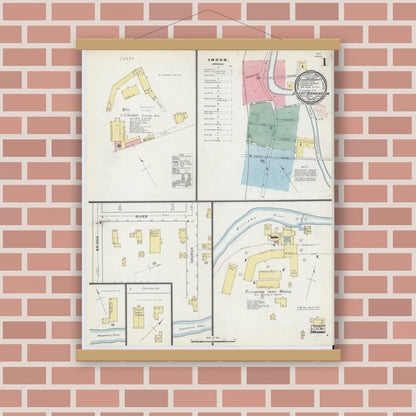 Old map wall art mockup — magnetic wood frame on brick wall — Sanborn Fire Insurance Map from Great Barrington, Berkshire County, Massachusetts (1895), Sheet #0001