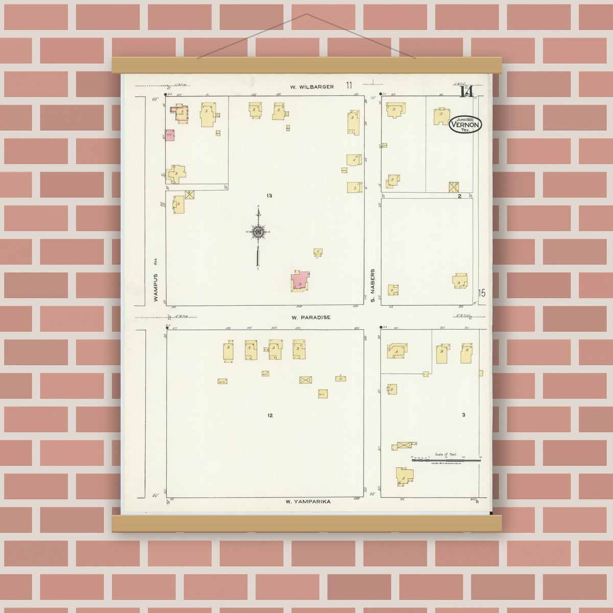 Old map wall art mockup — magnetic wood frame on brick wall — Sanborn Fire Insurance Map from Vernon, Wilbarger County, Texas (1920), Sheet #0014