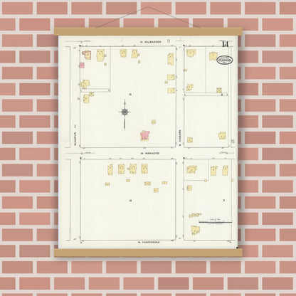 Old map wall art mockup — magnetic wood frame on brick wall — Sanborn Fire Insurance Map from Vernon, Wilbarger County, Texas (1920), Sheet #0014