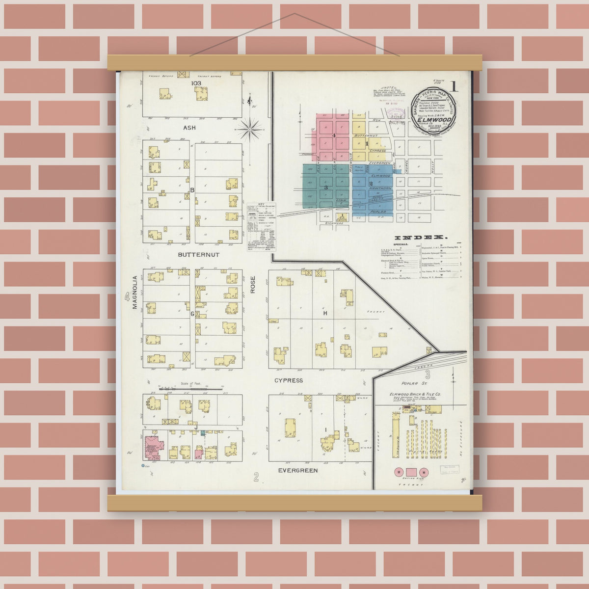 Old map wall art mockup — magnetic wood frame on brick wall — Sanborn Fire Insurance Map from Elmwood, Peoria County, Illinois (1893), Sheet #0001