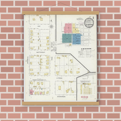Old map wall art mockup — magnetic wood frame on brick wall — Sanborn Fire Insurance Map from Elmwood, Peoria County, Illinois (1893), Sheet #0001