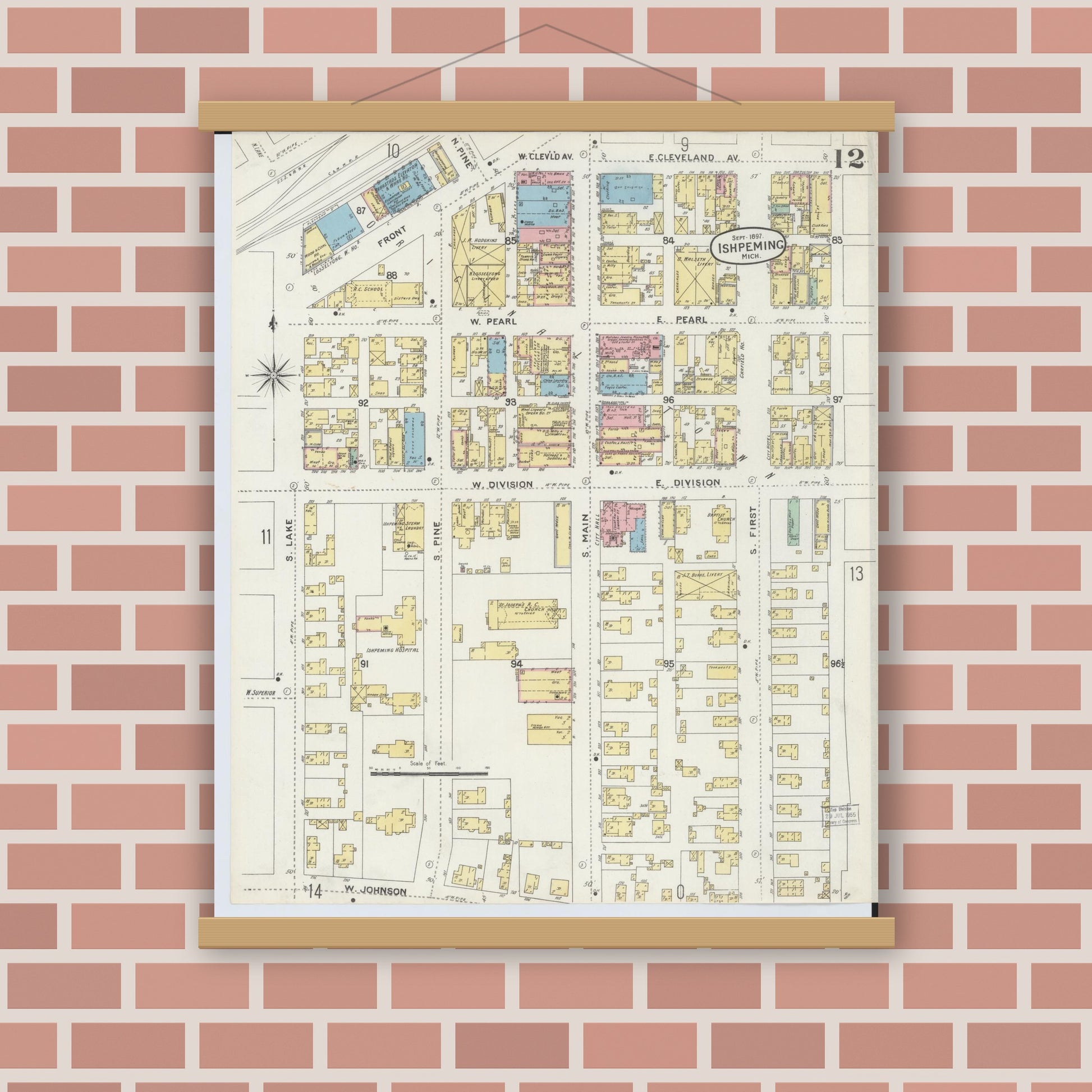 Old map wall art mockup — magnetic wood frame on brick wall — Sanborn Fire Insurance Map from Ishpeming, Marquette County, Michigan (1897), Sheet #0012