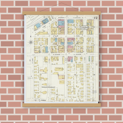 Old map wall art mockup — magnetic wood frame on brick wall — Sanborn Fire Insurance Map from Ishpeming, Marquette County, Michigan (1897), Sheet #0012