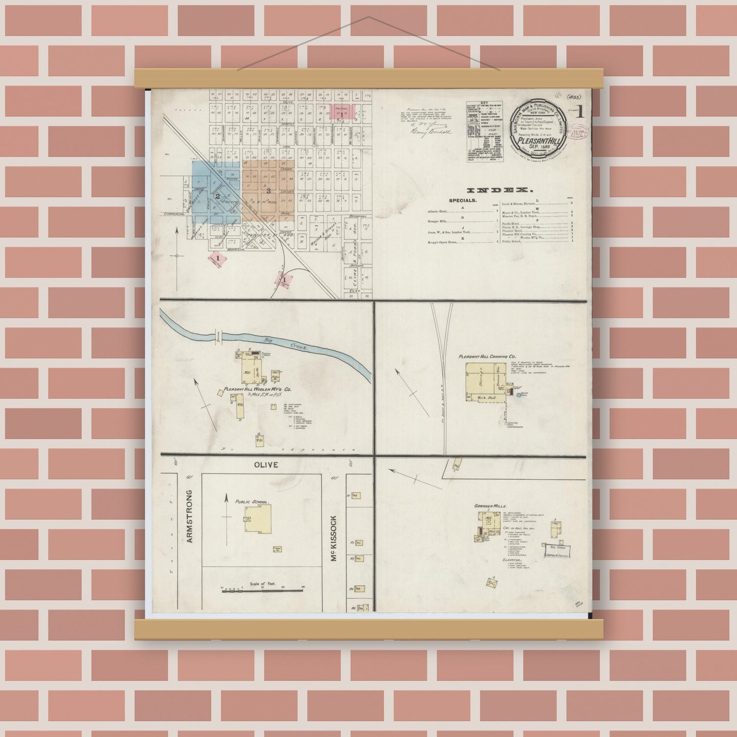 Old map wall art mockup — magnetic wood frame on brick wall — Sanborn Fire Insurance Map from Pleasant Hill, Cass County, Missouri (1888) - Complete Map Set
