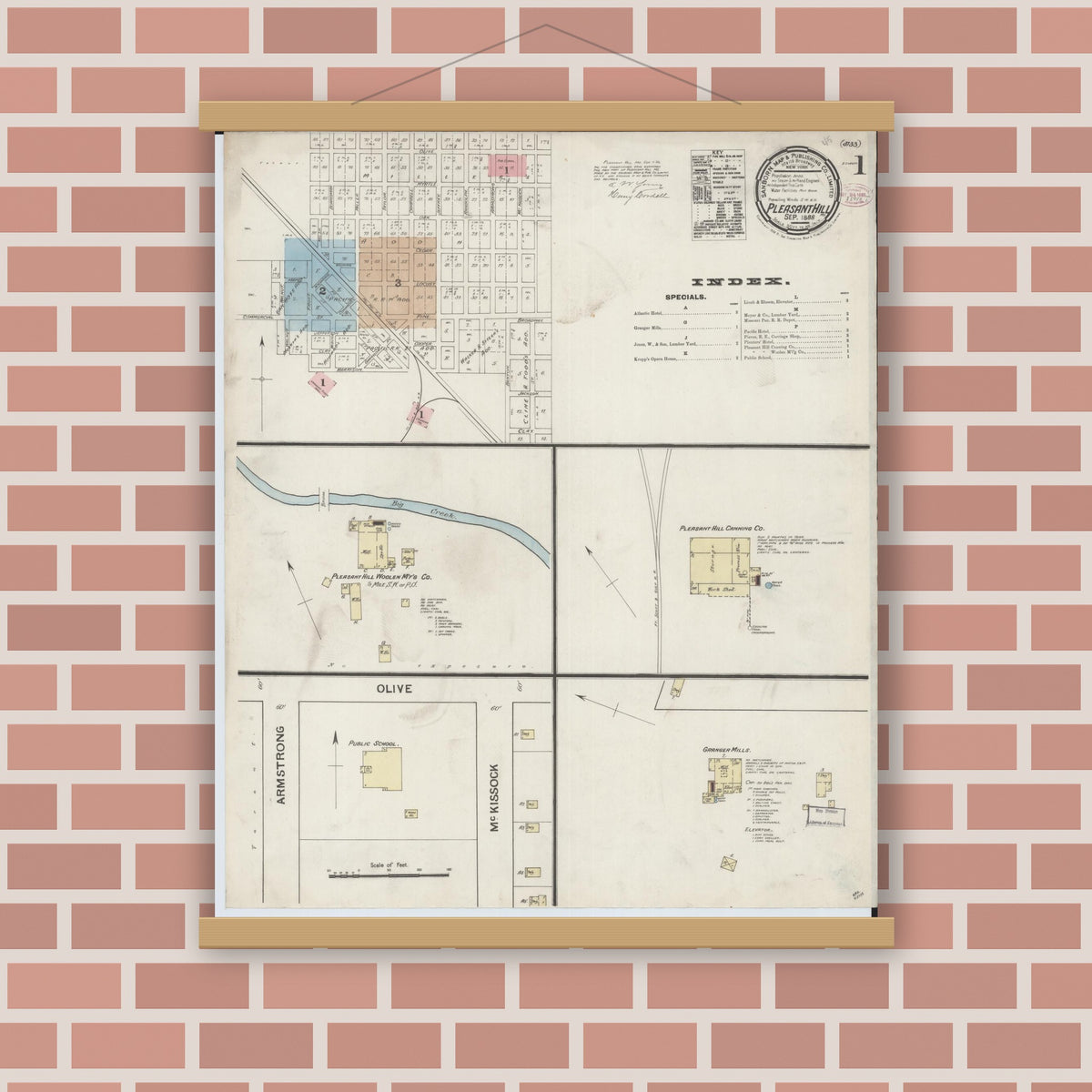 Old map wall art mockup — magnetic wood frame on brick wall — Sanborn Fire Insurance Map from Pleasant Hill, Cass County, Missouri (1888) - Complete Map Set