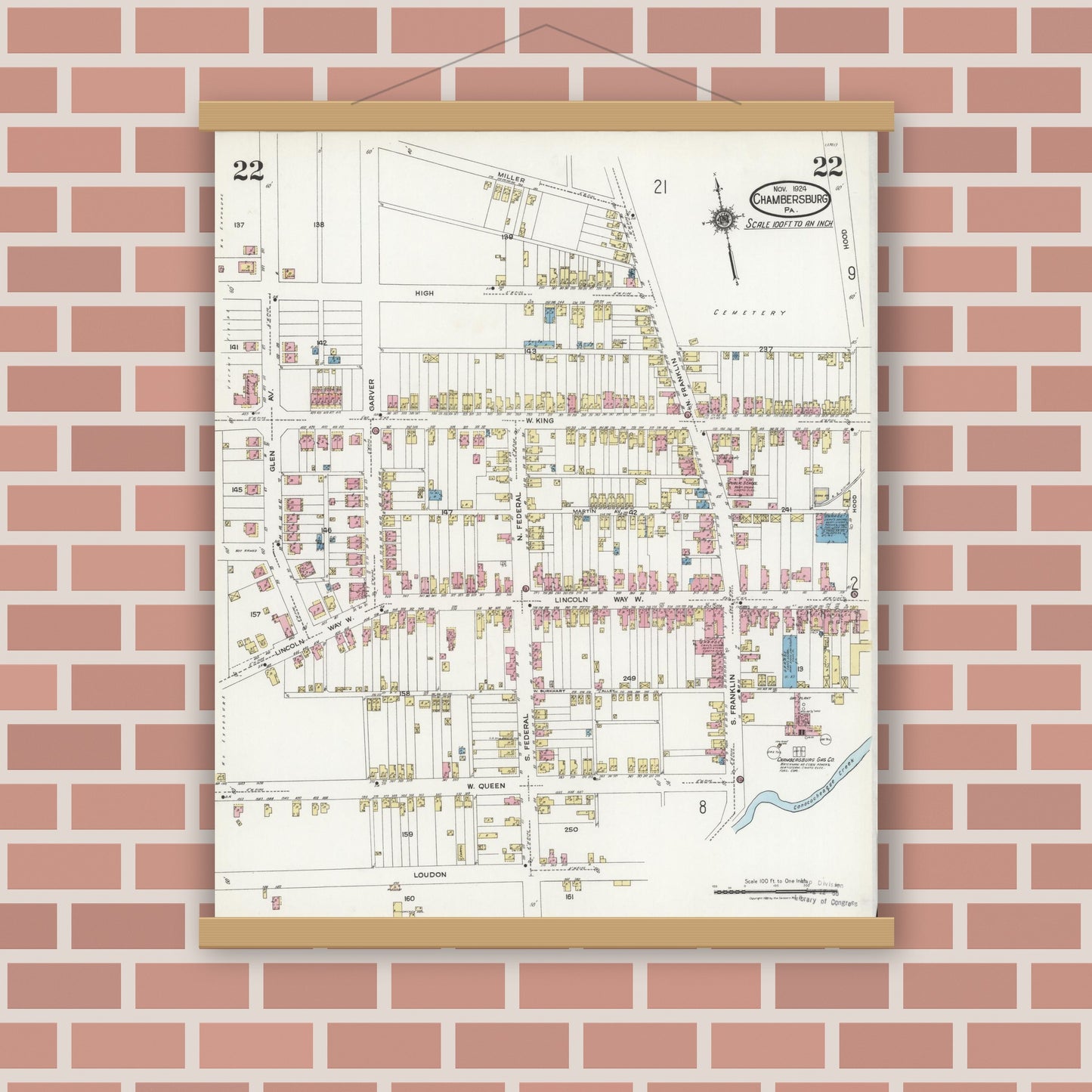 Old map wall art mockup — magnetic wood frame on brick wall — Sanborn Fire Insurance Map from Chambersburg, Franklin County, Pennsylvania (1924), Sheet #0022