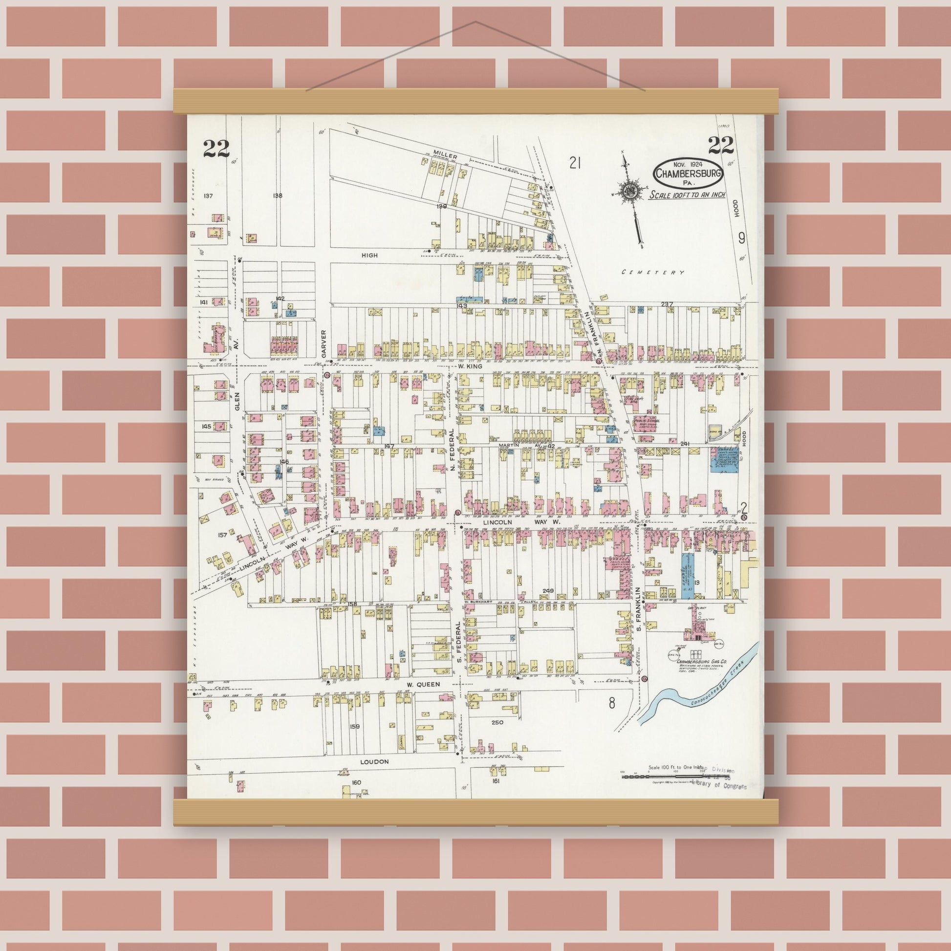 Old map wall art mockup — magnetic wood frame on brick wall — Sanborn Fire Insurance Map from Chambersburg, Franklin County, Pennsylvania (1924), Sheet #0022