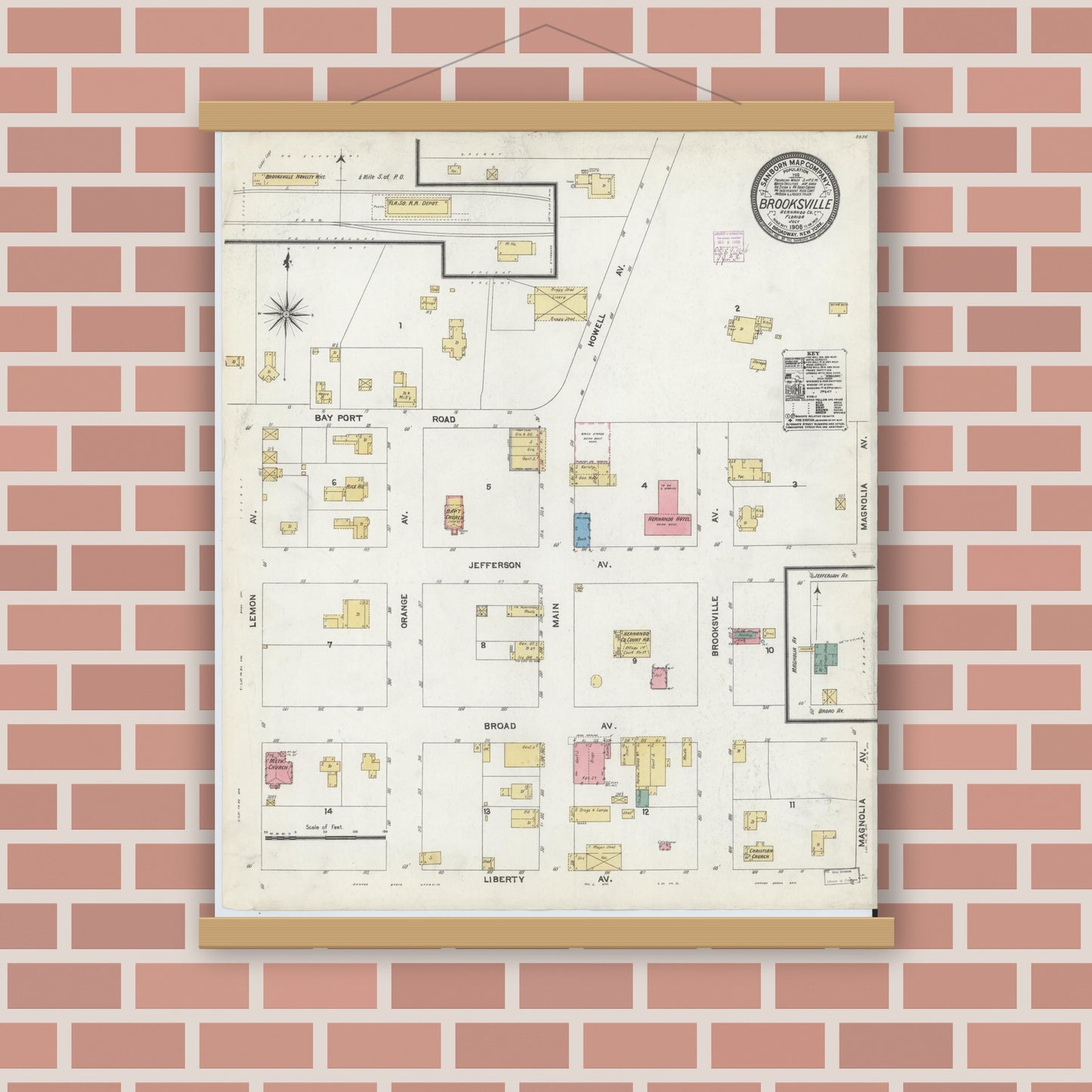 Old map wall art mockup — magnetic wood frame on brick wall — Sanborn Fire Insurance Map from Brooksville, Hernando County, Florida (1906), Sheet #0001