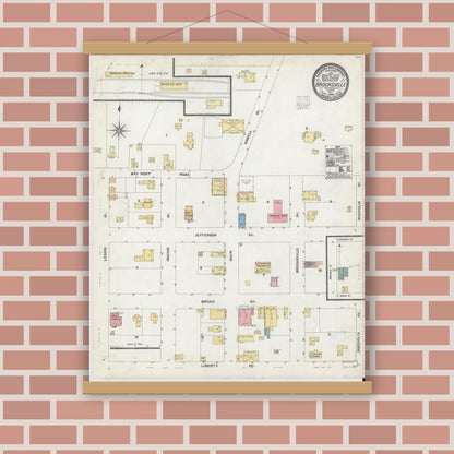 Old map wall art mockup — magnetic wood frame on brick wall — Sanborn Fire Insurance Map from Brooksville, Hernando County, Florida (1906), Sheet #0001