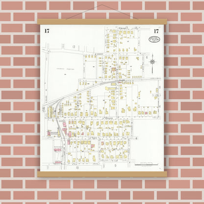 Old map wall art mockup — magnetic wood frame on brick wall — Sanborn Fire Insurance Map from Tyler, Smith County, Texas (1928), Sheet #0017