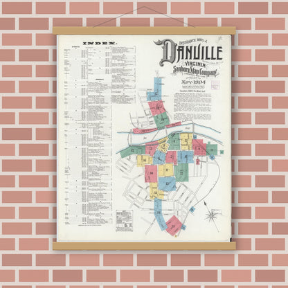 Old map wall art mockup — magnetic wood frame on brick wall — Sanborn Fire Insurance Map from Danville, Independent Cities, Virginia (1904) - Complete Map Set