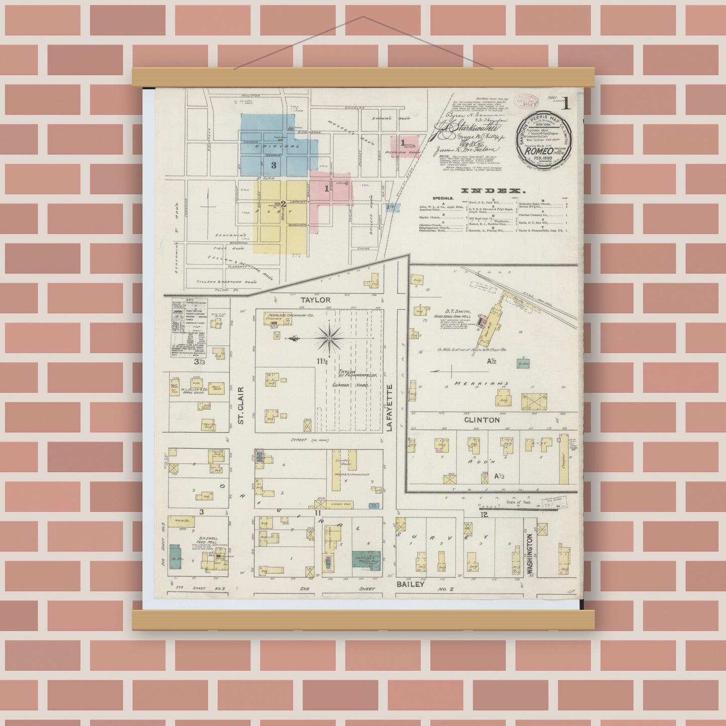Old map wall art mockup — magnetic wood frame on brick wall — Sanborn Fire Insurance Map from Romeo, Macomb County, Michigan (1890) - Complete Map Set