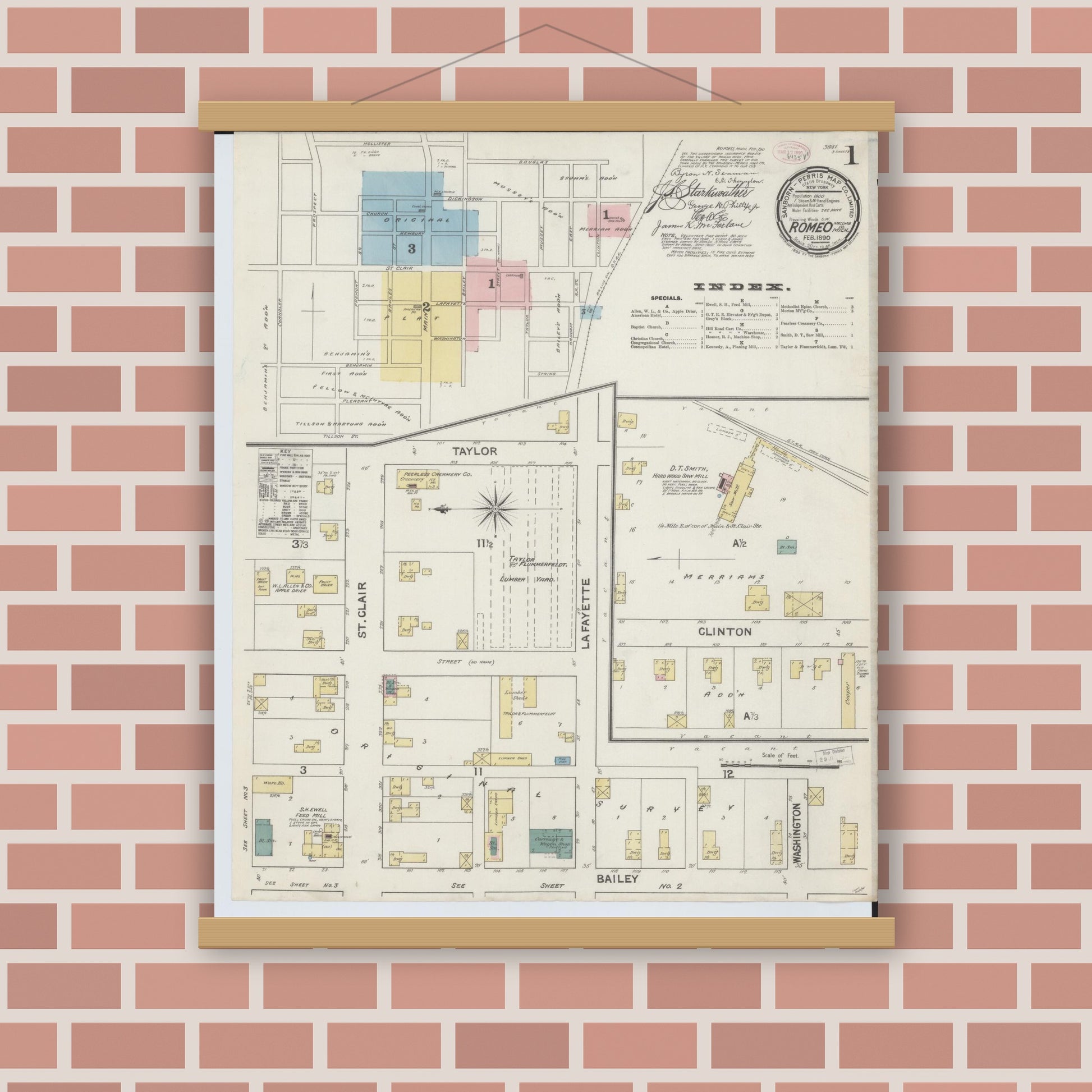 Old map wall art mockup — magnetic wood frame on brick wall — Sanborn Fire Insurance Map from Romeo, Macomb County, Michigan (1890) - Complete Map Set