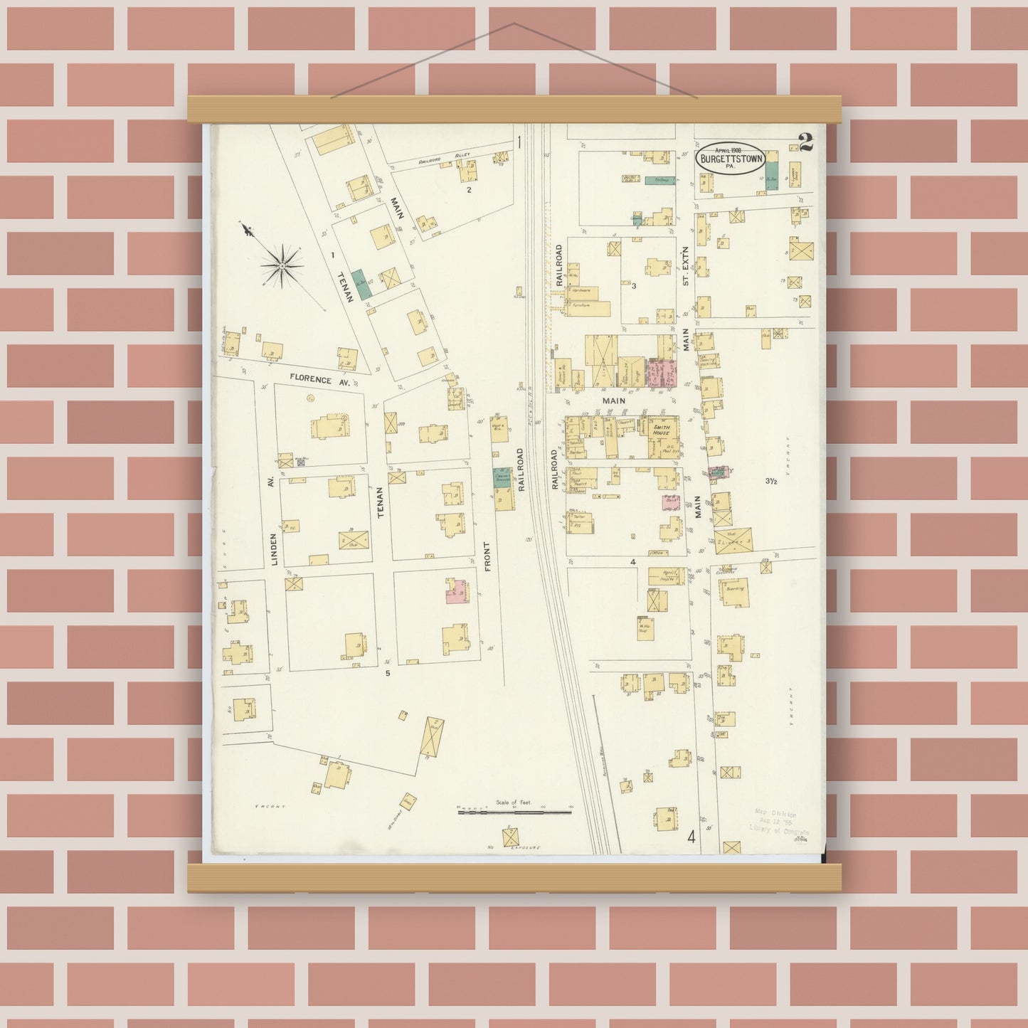 Old map wall art mockup — magnetic wood frame on brick wall — Sanborn Fire Insurance Map from Burgettstown, Washington County, Pennsylvania (1908), Sheet #0002