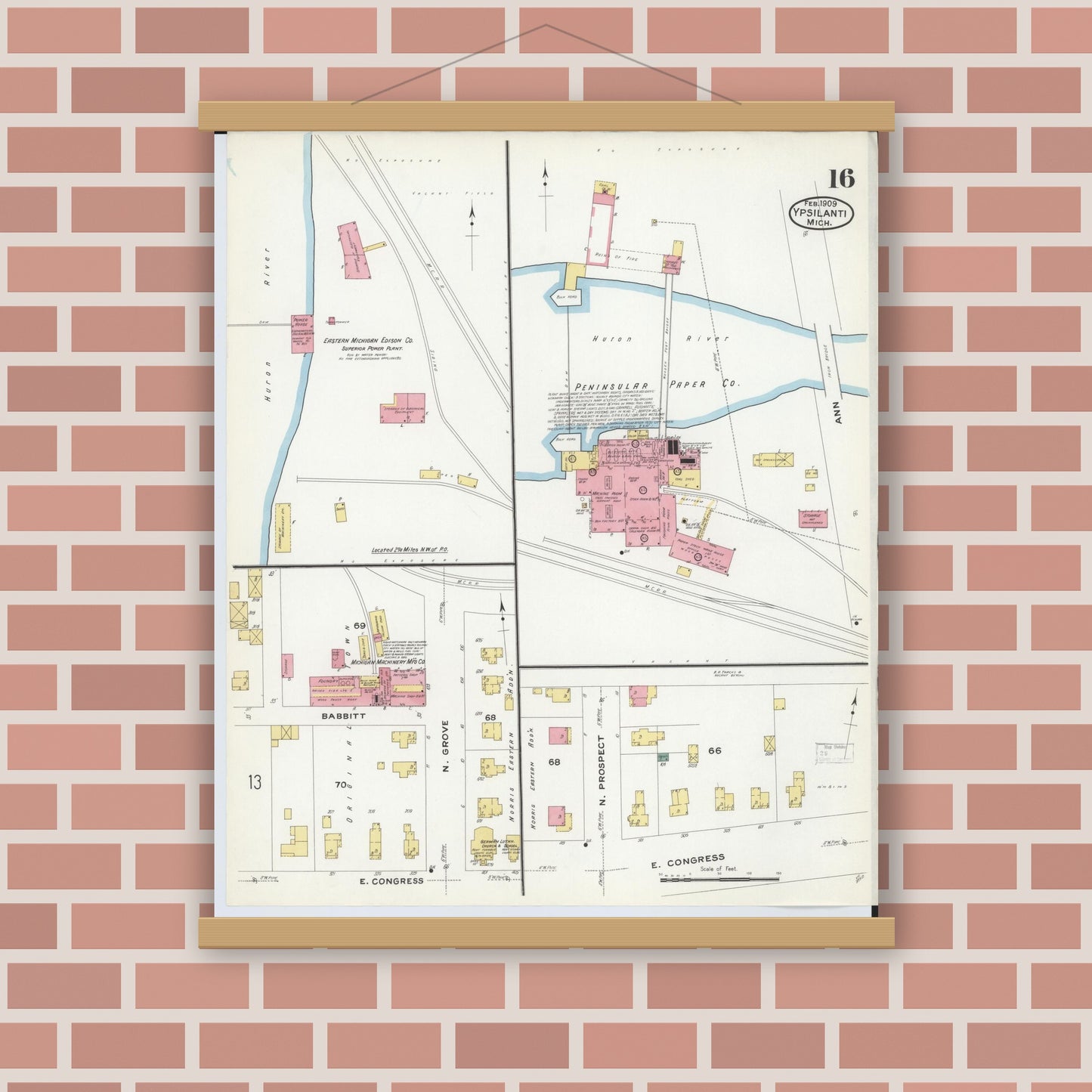 Old map wall art mockup — magnetic wood frame on brick wall — Sanborn Fire Insurance Map from Ypsilanti, Washtenaw County, Michigan (1909), Sheet #0016