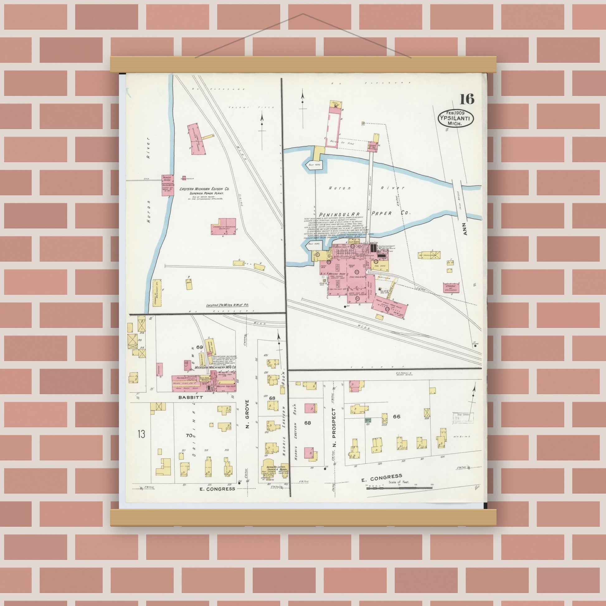 Old map wall art mockup — magnetic wood frame on brick wall — Sanborn Fire Insurance Map from Ypsilanti, Washtenaw County, Michigan (1909), Sheet #0016