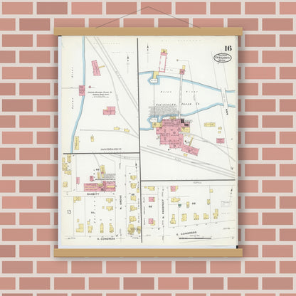 Old map wall art mockup — magnetic wood frame on brick wall — Sanborn Fire Insurance Map from Ypsilanti, Washtenaw County, Michigan (1909), Sheet #0016